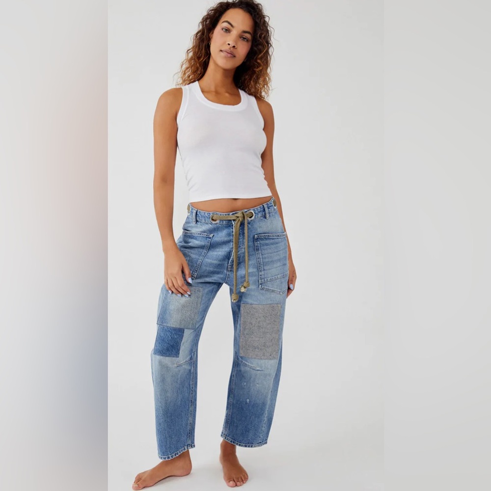 We The Free Patchwork Utility Jeans Size 31 | Grommet Waist | Drawstring Missing - Picture 2 of 8